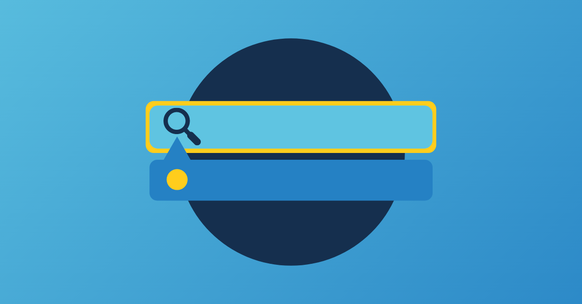A blue search bar, empty, which has drop-down suggestions.