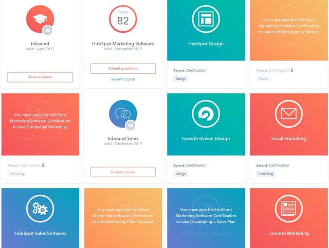 A display of some of HubSpot's certification offerings at the time. In colourful boxes, they focus on skills such as using HubSpot's Sales Software, Contnet Marketing, Growth Driven Design, and Inbound Sales. The offering has since continued to expand.