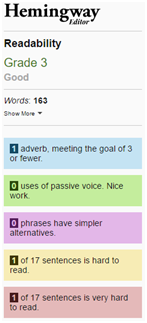 A screenshot from the Hemingway editor, showing a 'grade 3' readability grade.