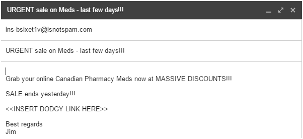 Another email, with a more traditionally 'spammy' subject line ('URGENT sales on Meds - last few days!!') and copy.