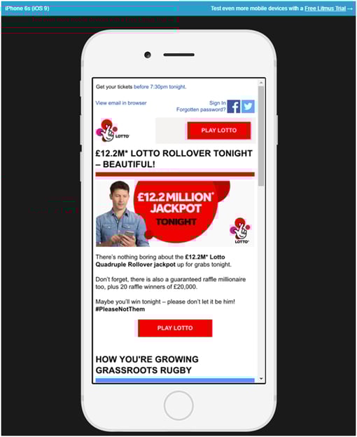 A screenshot from Litmus, showing how an email formats on a mobile email client.