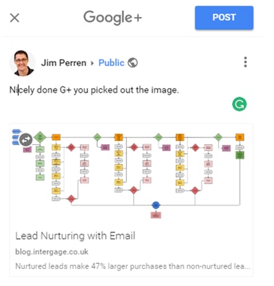 A screenshot of a Google+ post, where the featured image for the blog post shows up properly.