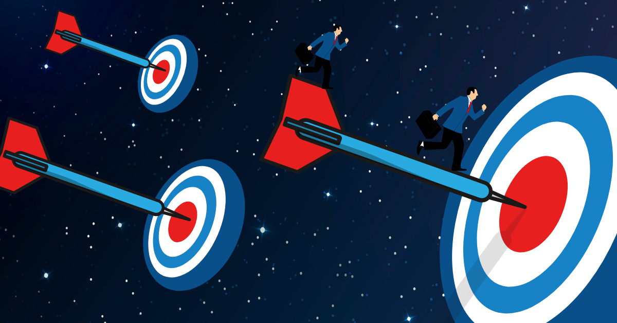 An intergalactic background is fronted by various targets, each with a dart in the centre. It's symbolic of finding your target audience.