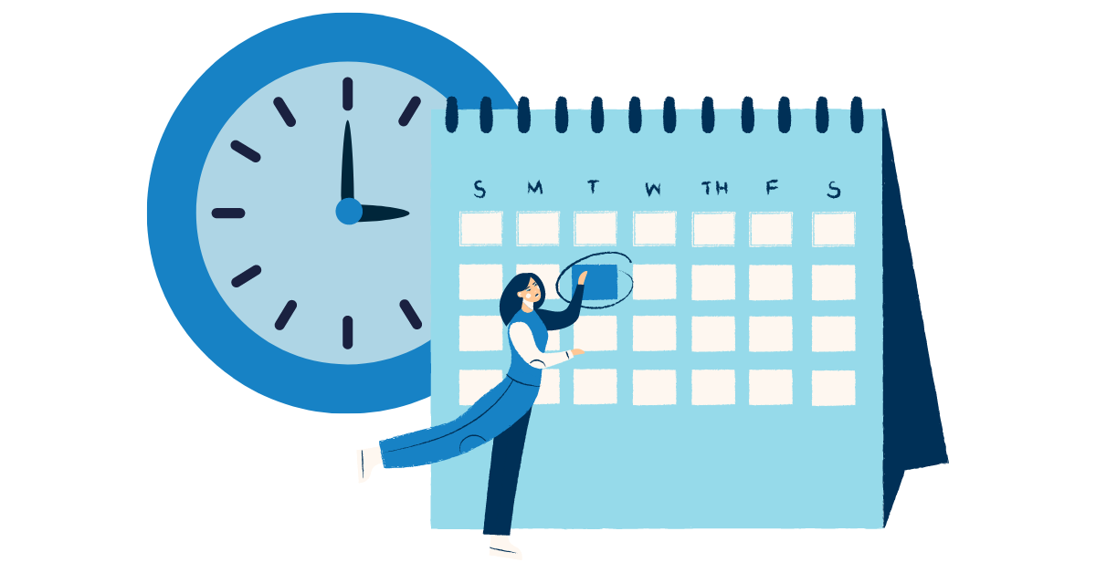 A woman selects a day on a large desk-calendar, with a clock in the background. 