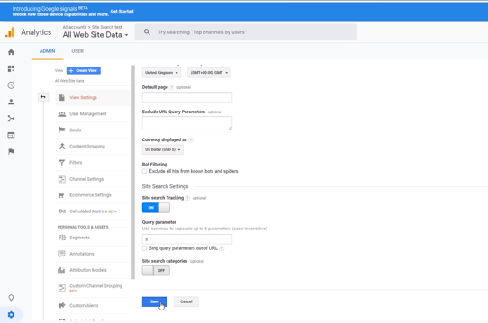 Google Analytics view settings, showing an 's' in the 'query parameter' box.