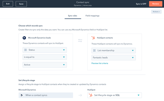a white screen with a subheading "sync tools". beneath it, information enabling a user to choose which records are syncing between microsoft dynamic leads and hubspot contacts.