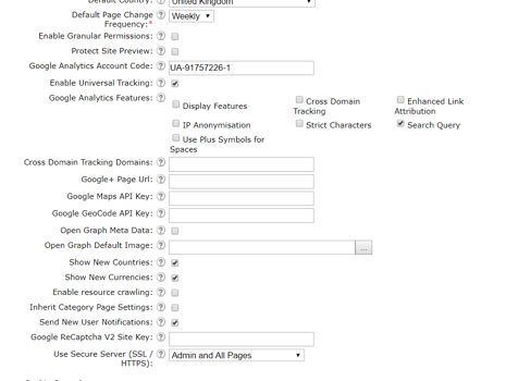 A screenshot of the Intergage CMS site settings, showing the Google Analytics box ticked and the account code inserted.