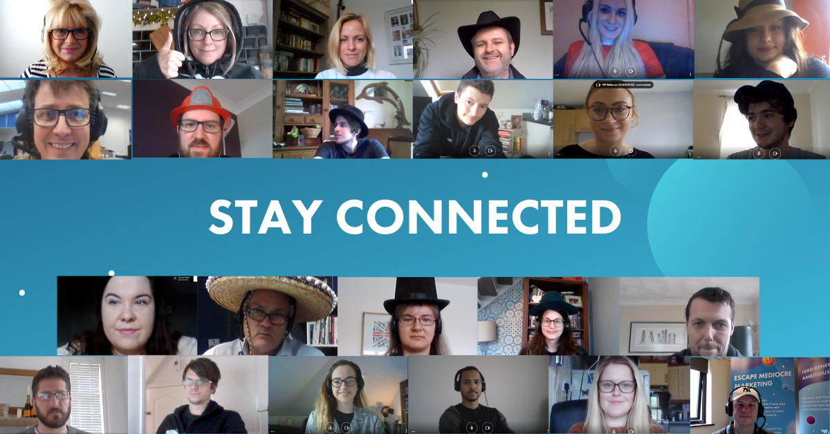 An image with small pictures of each member of the Intergage team, each wearing a silly hat. In the middle is a big, blue banner, reading 'stay connected' in all-caps.