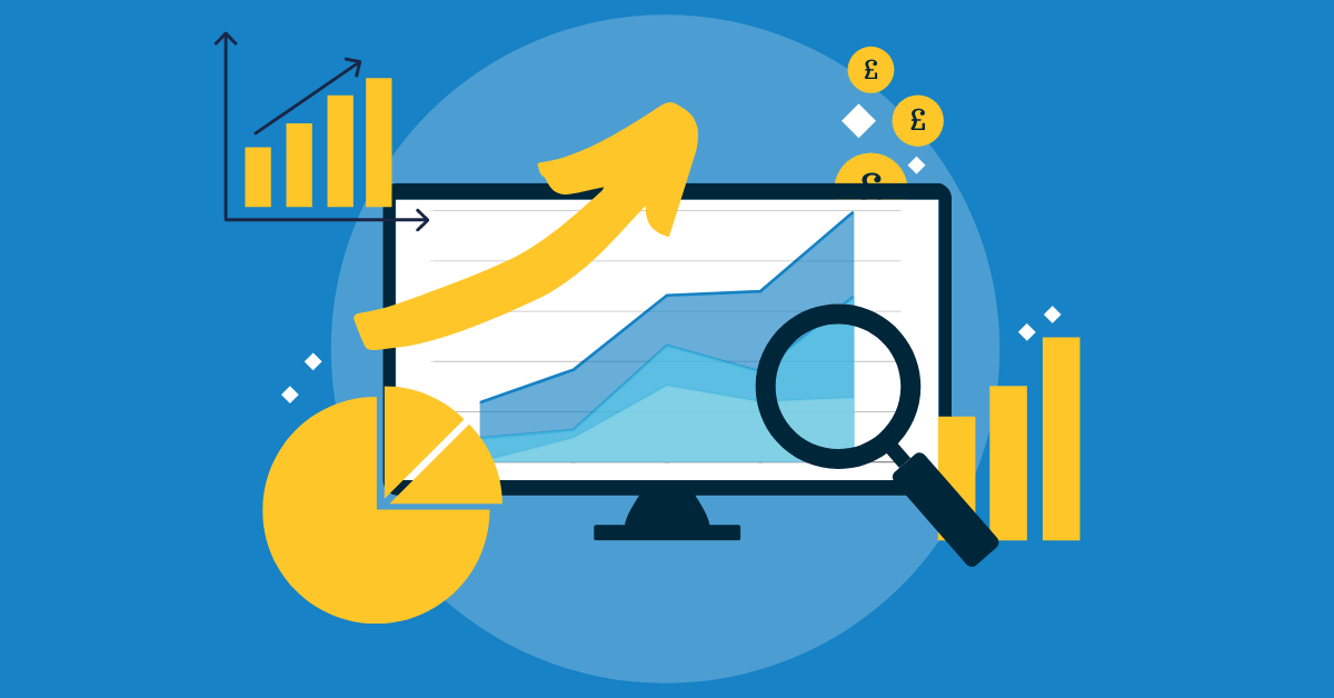 A cartoon computer against a blue background. Around it, yellow graphs all trending upwards.