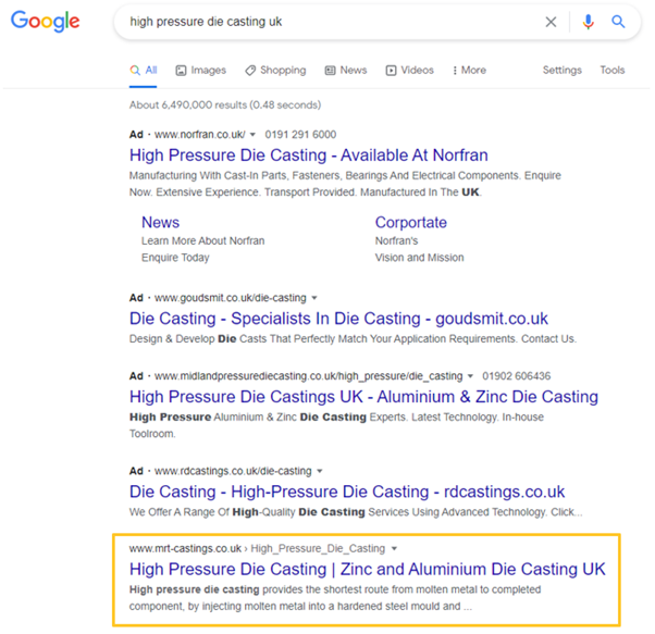 A screenshot of a Google search for "High Pressure Die Casting", which shows MRT Castings as the top non-Ad result. 