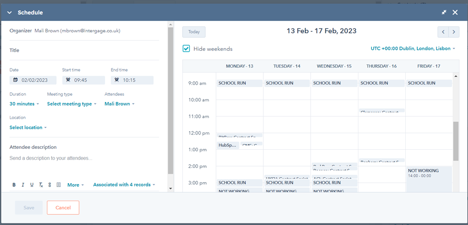 A screenshot from HubSpot showing how it integrates with Outlook calendar. Here, it is showing that you can schedule a meeting straight from HubSpot, offering options for duration, meeting type, ateendees and a description.